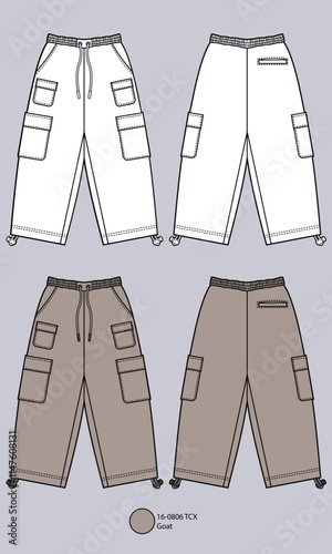 Flat Drawing of drawstring waist pants with pockets Technical Drawing Cargo Loose Pants