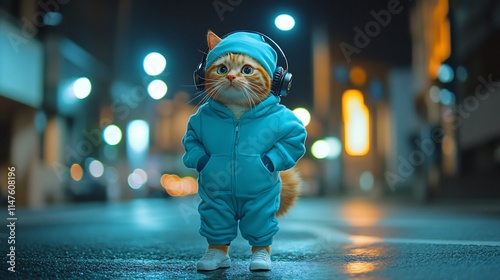 Stylish Cat in Headphones on City Street at Night. photo