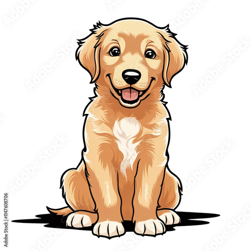Cute Cartoon Golden Retriever Puppy Smiling with Joyful Expression, Perfect for Pet Lovers and Family-Friendly Designs with a Playful Vibe
