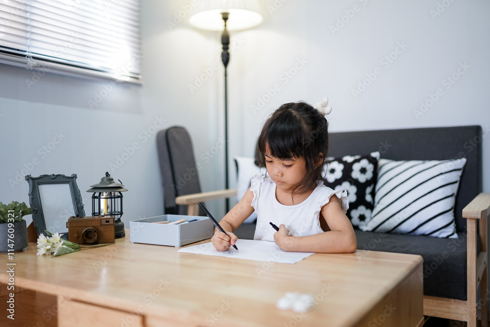Child drawing with pencils and chalk on the floor at home while studying and playing Child drawing with pencils and chalk on the floor at home while studying and playing