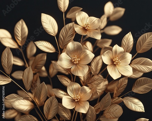 A stunning arrangement of golden flowers and leaves against a dark background, showcasing intricate details and a luxurious aesthetic.