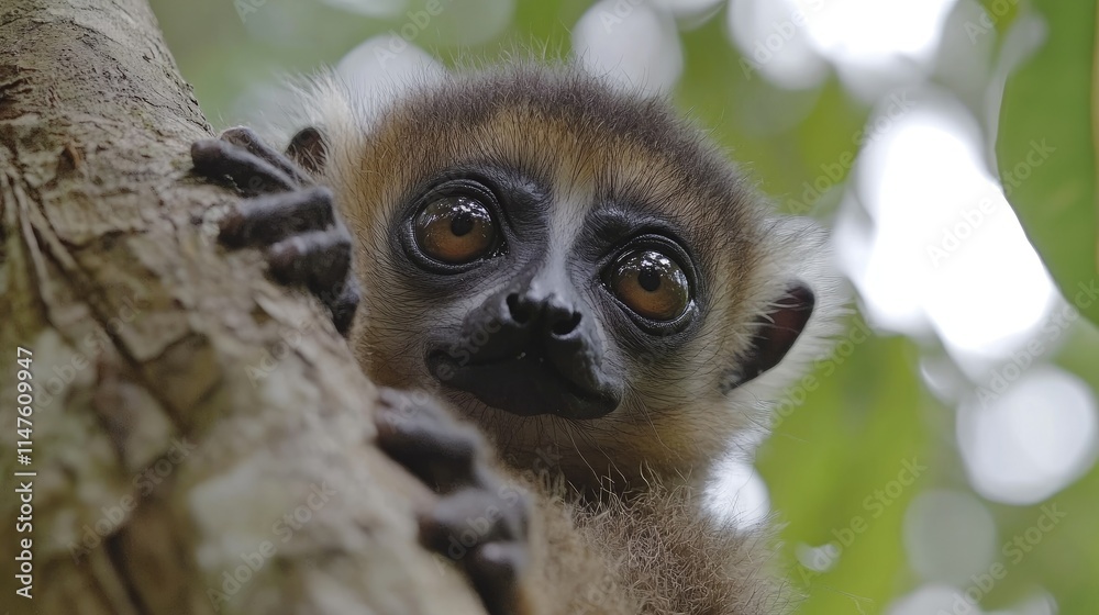 Fototapeta premium Adorable baby lemur clinging to tree trunk in lush green forest.