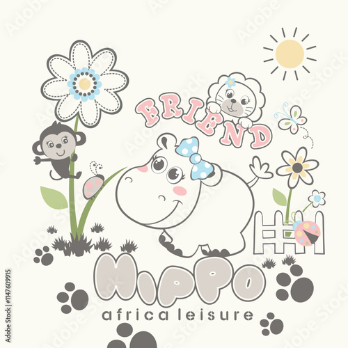 Adorable hippo girl vector illustration enjoying vibrant flowers in the garden, surrounded by cheerful butterflies in a whimsical and colorful design  