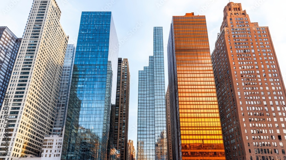 Obraz premium A stunning cityscape featuring a mix of modern glass skyscrapers and classic brick buildings reflecting the warm glow of sunset.