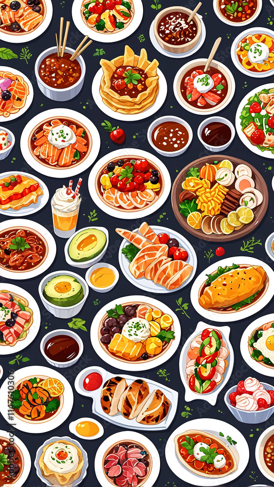 Beautiful illustration of various dishes on a plate and bowl, featuring rice, beef, shrimp, salad, egg, and soup Beautiful illustration of various dishes on a plate and bowl, featuring rice, beef, shrimp, salad, egg, and soup
