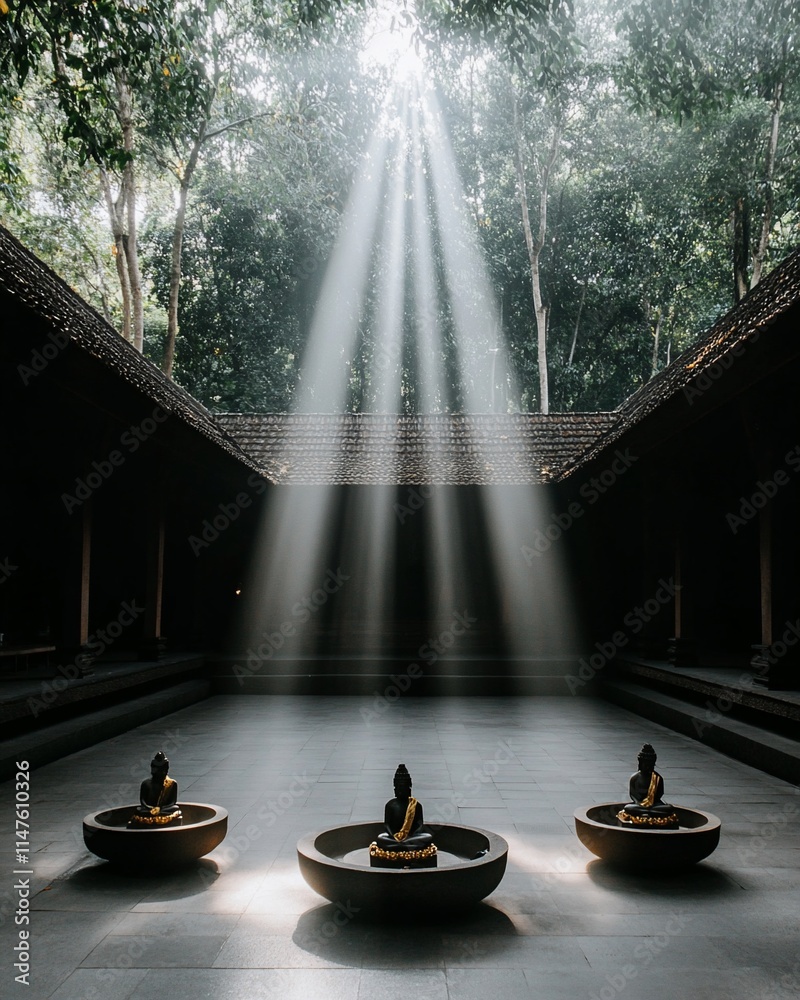 Serene temple with Buddha statues and sunlight beams. Serene temple with Buddha statues and sunlight beams.