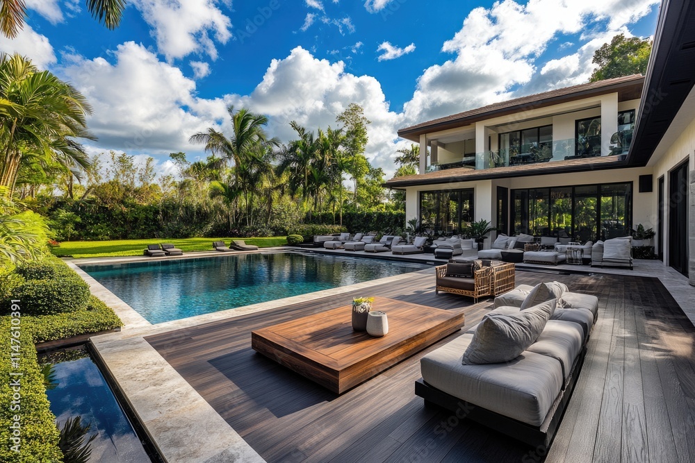 Fototapeta premium Beautiful Miami Beach Patio with Pool and Lounge Chairs