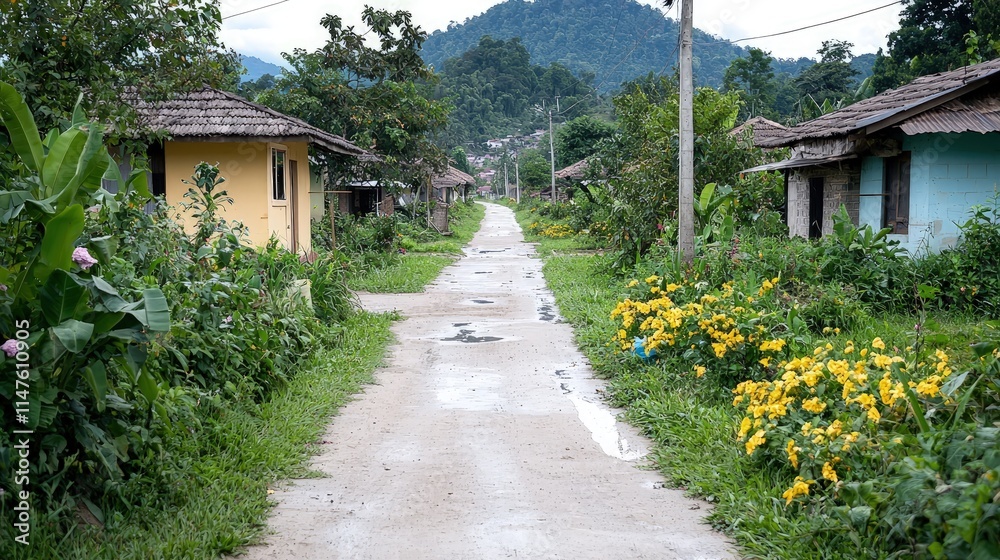 Dirt road through a rural village with houses and lush greenery. Dirt road through a rural village with houses and lush greenery.