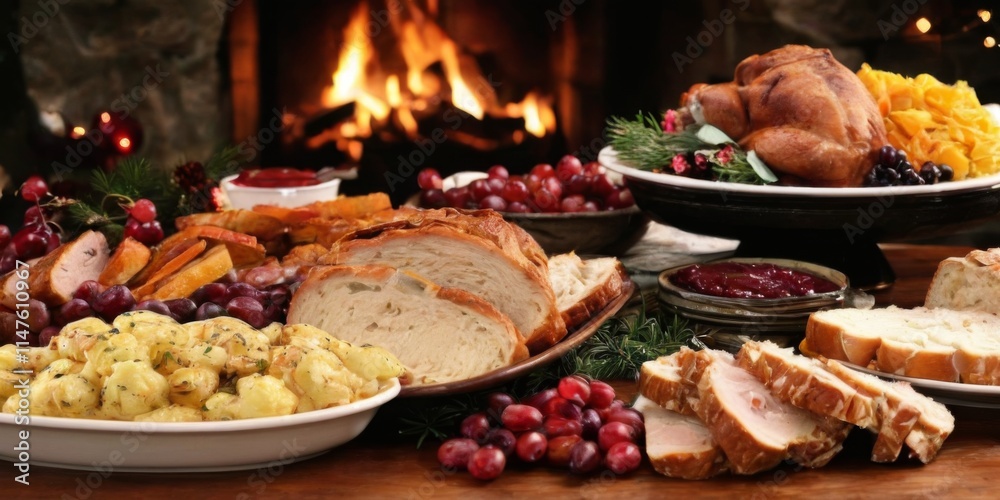 Obraz premium Festive Christmas Dinner Spread with Roasted Turkey, Mashed Potatoes, and Roasted Vegetables on Wooden Table by Fireplace