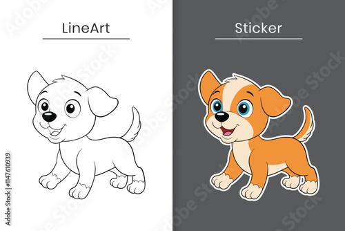 A cute puppy outline and sticker cartoon vector. Cute baby dog flat illustration