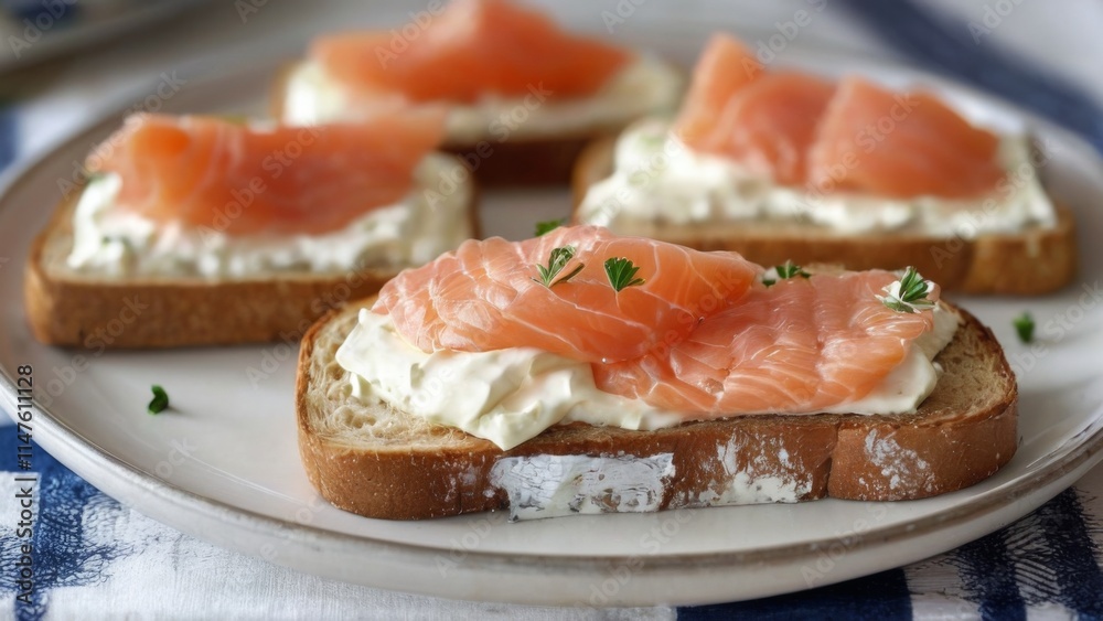 Freshly baked toast with cream cheese, smoked salmon on white plate, wooden table background. Freshly baked toast with cream cheese, smoked salmon on white plate, wooden table background.