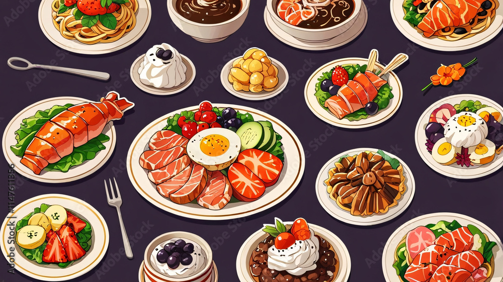 Creative and colorful food design featuring rice, beef, salad, egg, shrimp, and soup arranged on a plate and bowl Creative and colorful food design featuring rice, beef, salad, egg, shrimp, and soup arranged on a plate and bowl