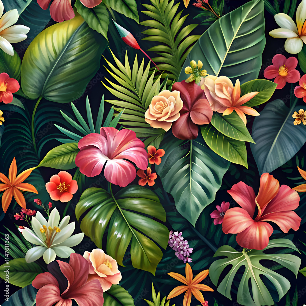 Fototapeta premium Vibrant Tropical Flowers and Lush Foliage Pattern