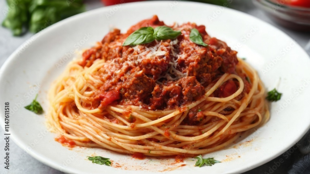 Traditional Italian Spaghetti Bolognese Dish on White Plate with Parmesan Cheese, Basil, Meat Sauce, and Fresh Herbs. Traditional Italian Spaghetti Bolognese Dish on White Plate with Parmesan Cheese, Basil, Meat Sauce, and Fresh Herbs.