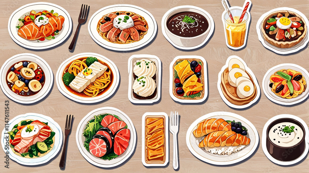 Creative illustration of rice, beef, salad, shrimp, egg, and soup on a plate and bowl in an aesthetically pleasing design