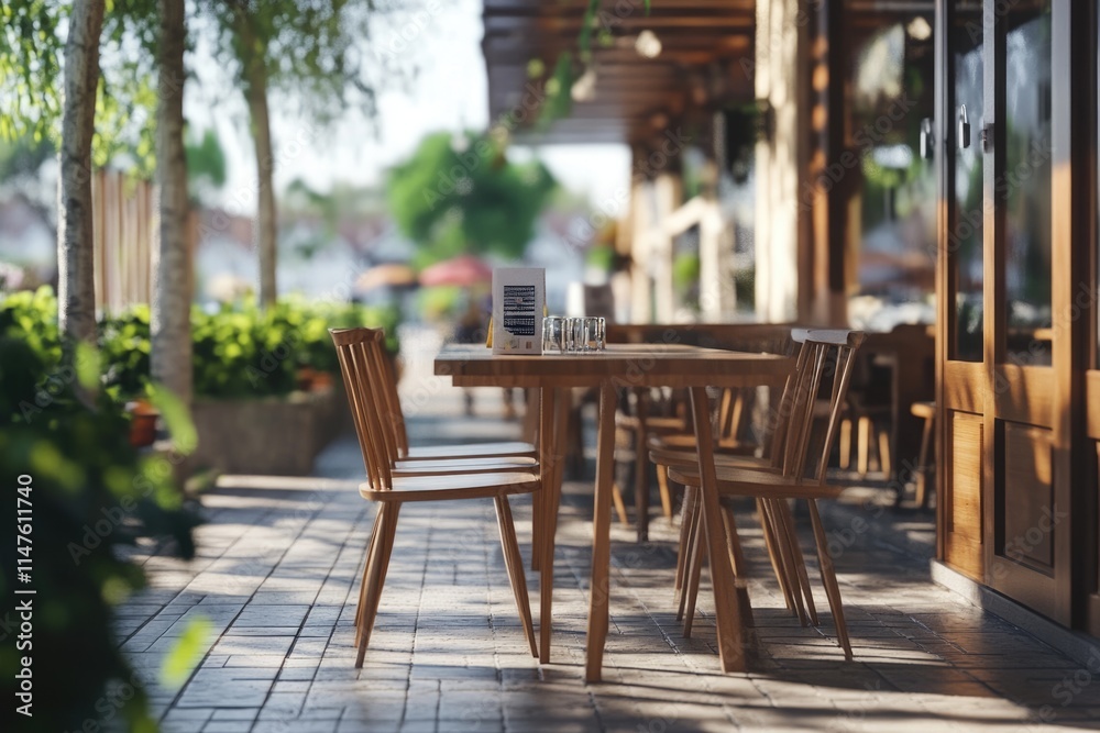 Fototapeta premium empty wood table and chairs on the terrace at summer day