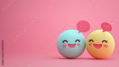 Customer retention concept Two cheerful emoji balls with speech bubbles on a pink background.