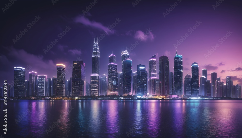 Obraz premium Night cityscape view of modern skyscrapers illuminated with vibrant purple and pink lights reflecting on calm waters