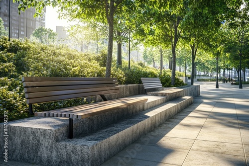 Modern benches and concrete stairway in the city square on a sunny day Public spaces in city park photo