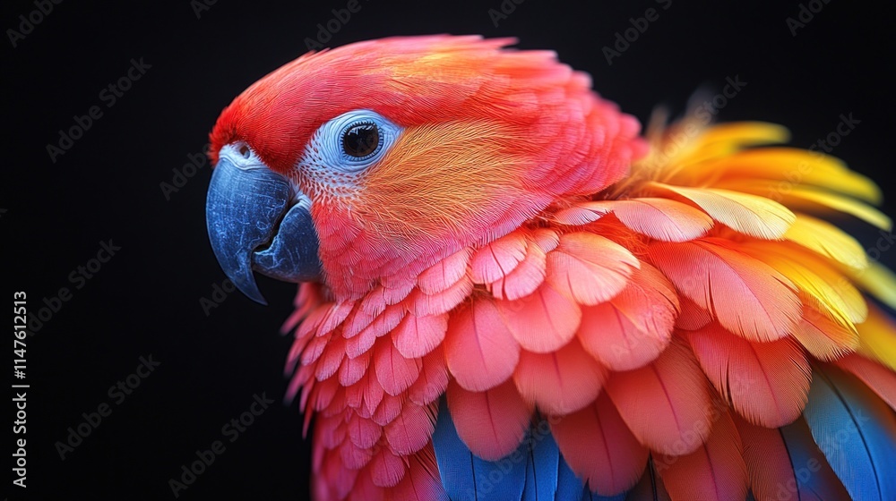 Obraz premium Vibrant red parrot, detailed feathers, dark background.