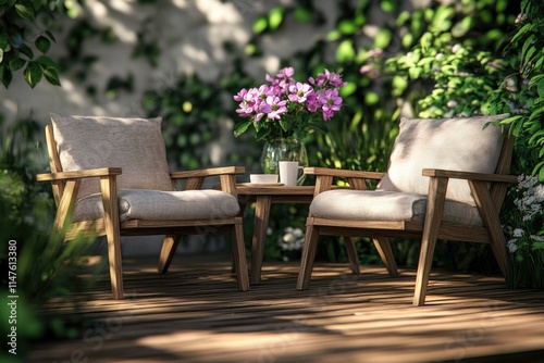 Outdoor relaxation with armchairs  garden furniture  and nature views.