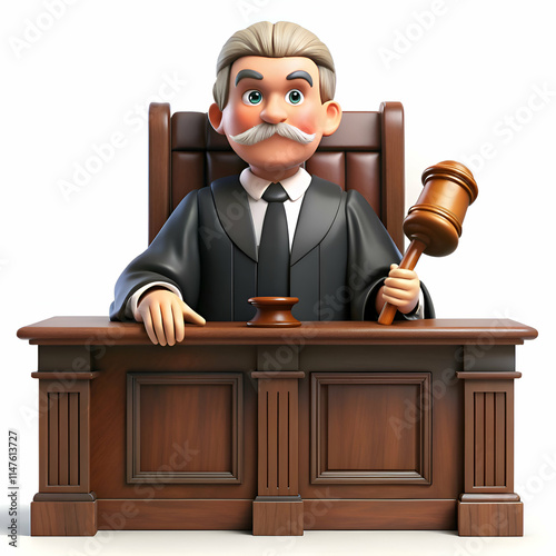 3D Cartoon Judge with Gavel in Courtroom