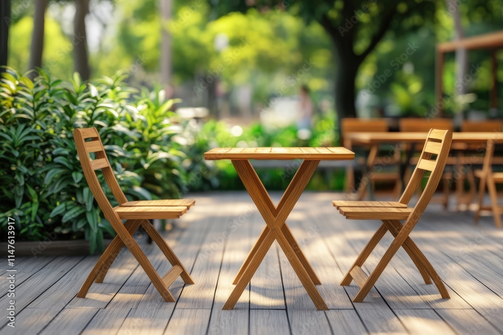 Wooden furniture in park with green plants. Leisure and holiday. Wooden furniture in park with green plants. Leisure and holiday.