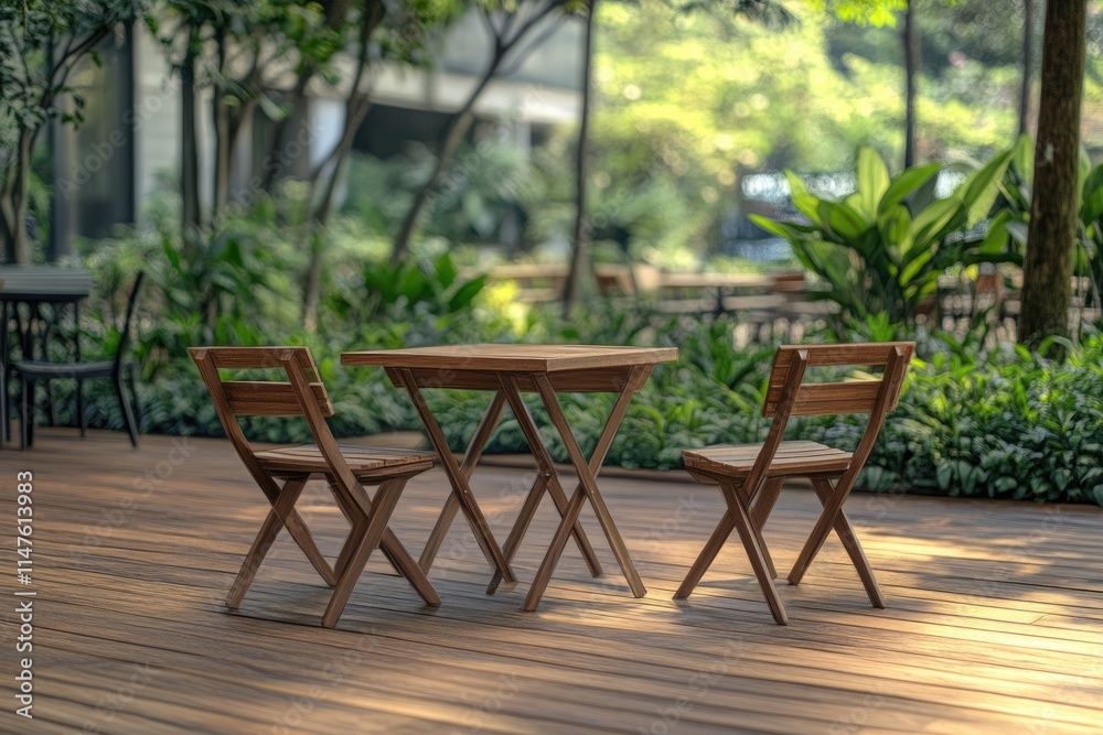 Wooden furniture in park with green plants. Leisure and holiday. Wooden furniture in park with green plants. Leisure and holiday.