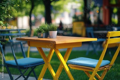 Wooden terrace furniture with blue cushions in street cafe setting. photo