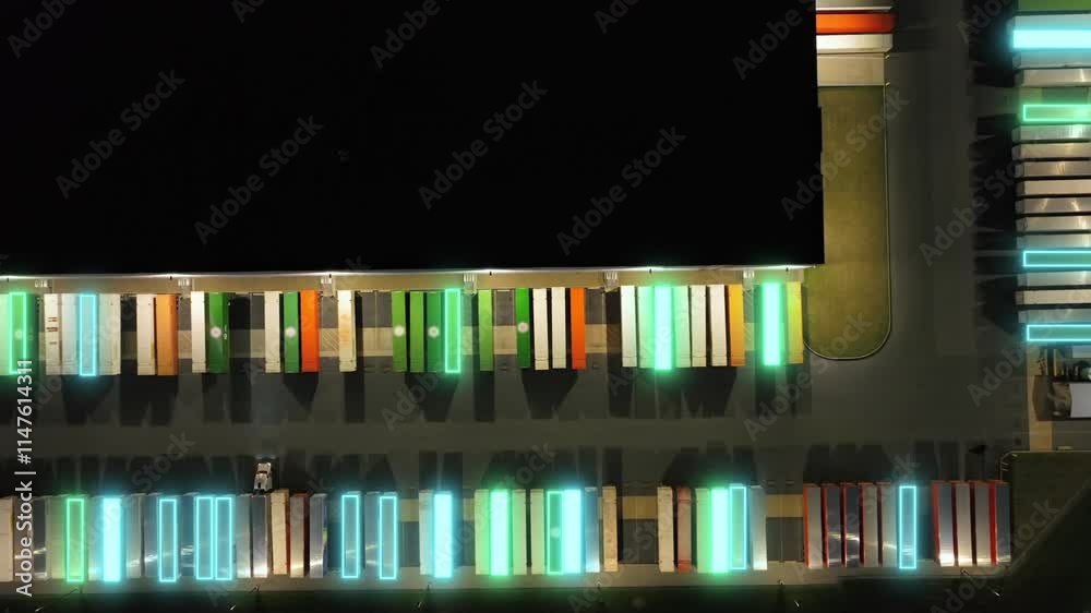Large American warehouse with logistics trucks, featuring animation of advanced AI optimizing cargo sorting. Aerial top-down view
