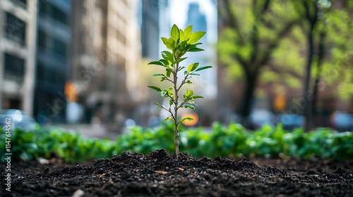 Fototapeta Naklejka Na Ścianę i Meble -  A close-up of a newly planted tree in an urban park, surrounded by city buildings. The tree is small but thriving, with fresh green leaves and a well-maintained garden bed. 