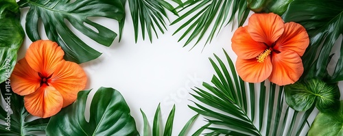 Tropical orange hibiscus flowers and lush green palm leaves arranged on white background, creating a vibrant frame.