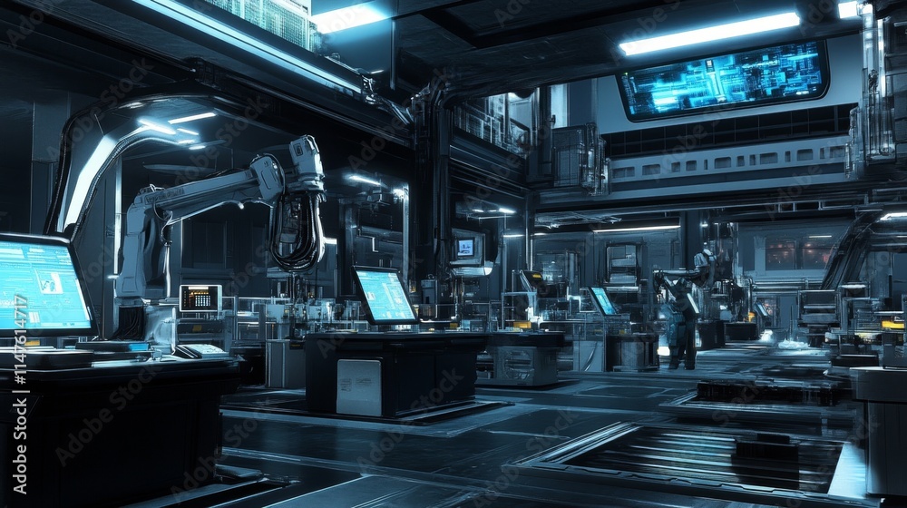 Fototapeta premium High-tech robotics action in a futuristic laboratory advanced research facility digital environment aerial viewpoint innovation