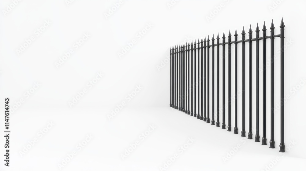A sleek black fence with pointed tops stands against a minimalist white background, creating a modern and clean aesthetic. A sleek black fence with pointed tops stands against a minimalist white background, creating a modern and clean aesthetic.