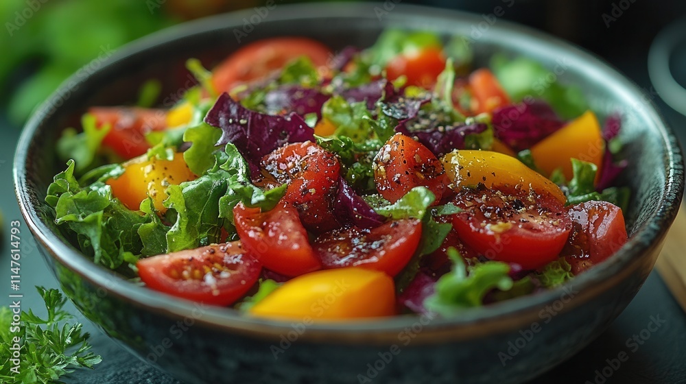 A vibrant salad featuring fresh tomatoes, lettuce, and herbs in a decorative bowl. A vibrant salad featuring fresh tomatoes, lettuce, and herbs in a decorative bowl.