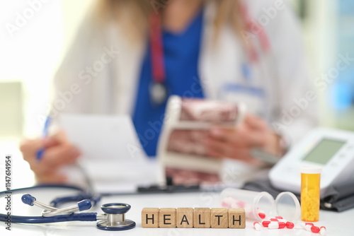 A healthcare professional examines patient information and healthrelated items for care and treatment photo