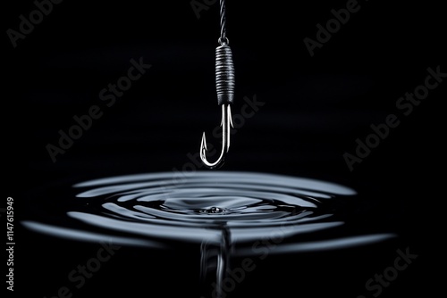 A fishing hook above rippling water.