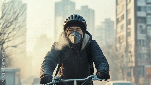 Cyclist navigates urban streets amidst pollution in city action scene daily life morning light environmental awareness photo