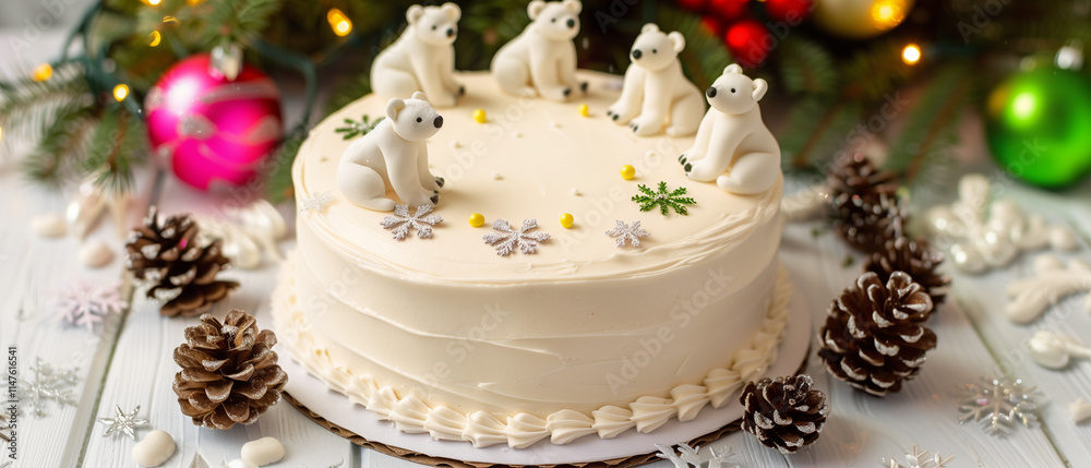 Fototapeta premium A delightful Christmas cake with smooth white frosting and fondant polar bears, depicting a serene winter scene.