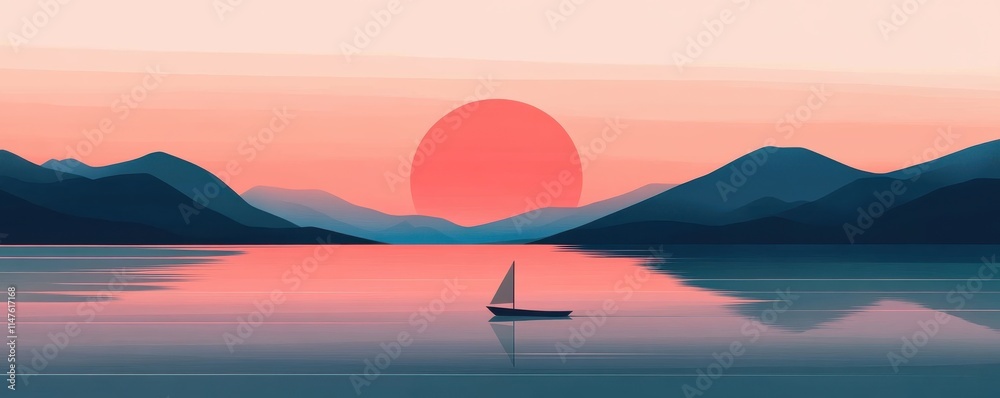 Serene sunset over calm water with a distant sailboat silhouette. Serene sunset over calm water with a distant sailboat silhouette.