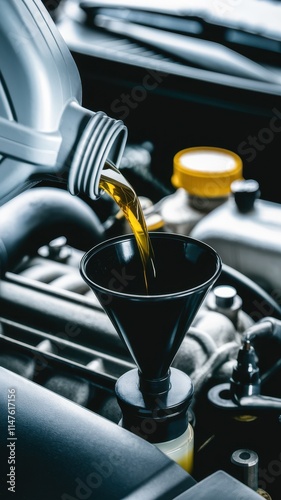 Oil Being Poured Into Car Engine Close-Up of Mechanical Parts