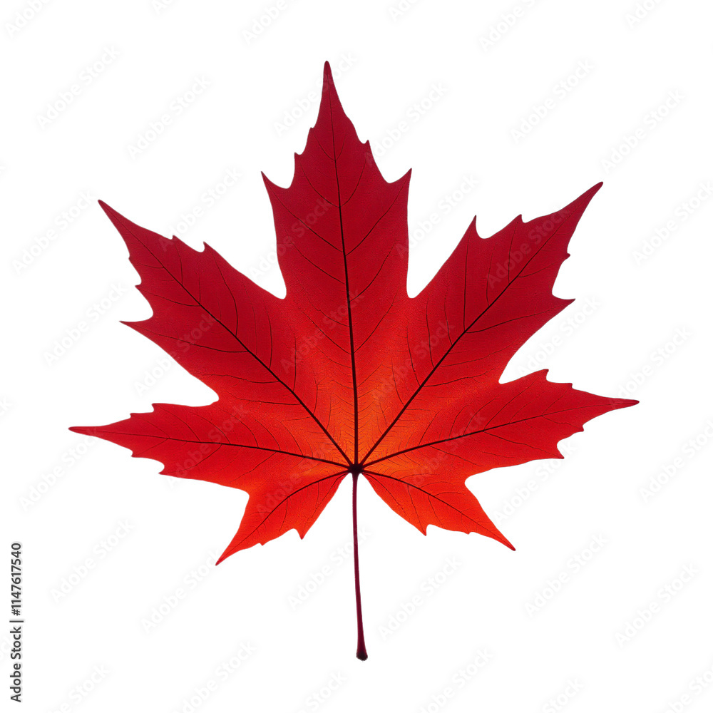 Naklejka premium A vibrant red maple leaf with a detailed texture and defined edges, showcasing its distinct shape and color variations for nature and seasonal themes. transparent background, png