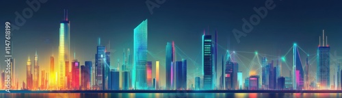 Vibrant city skyline showcasing modern architecture at night.