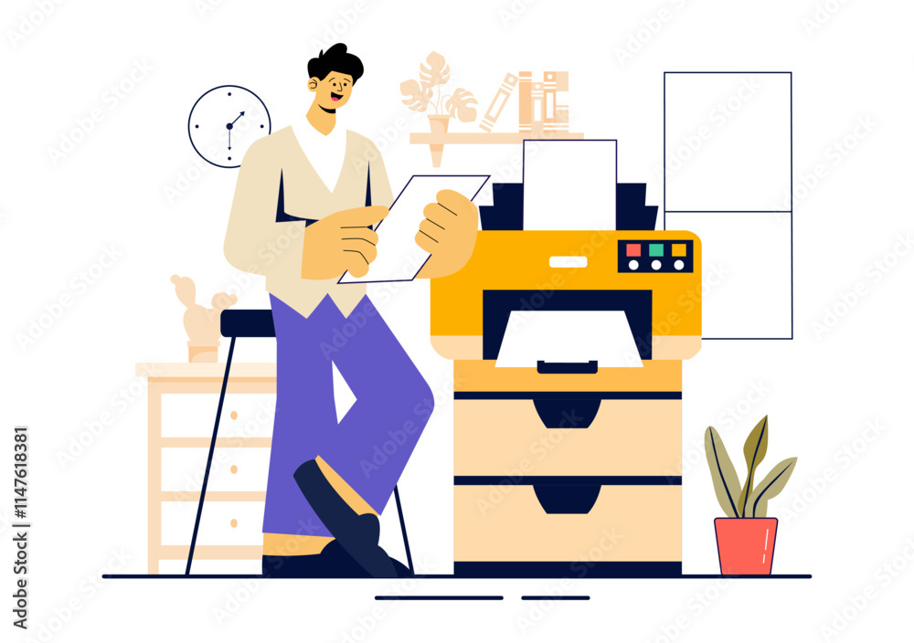 Printer Service Vector Illustration Featuring the Production Process at a Printing House and Machines Operating Large File Printers in a Background Printer Service Vector Illustration Featuring the Production Process at a Printing House and Machines Operating Large File Printers in a Background