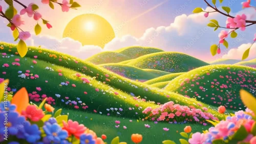 Idyllic sunrise over rolling hills bursting with vibrant spring flowers; peaceful, dreamy landscape perfect for backgrounds, websites, or cards.
