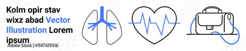 Medical symbols with lungs, heartbeat, and briefcase. Ideal for healthcare, medical education, online courses, technology, telemedicine, health apps, research publications Landing page
