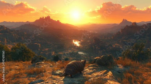 Armadillo overlooking sunset valley landscape.