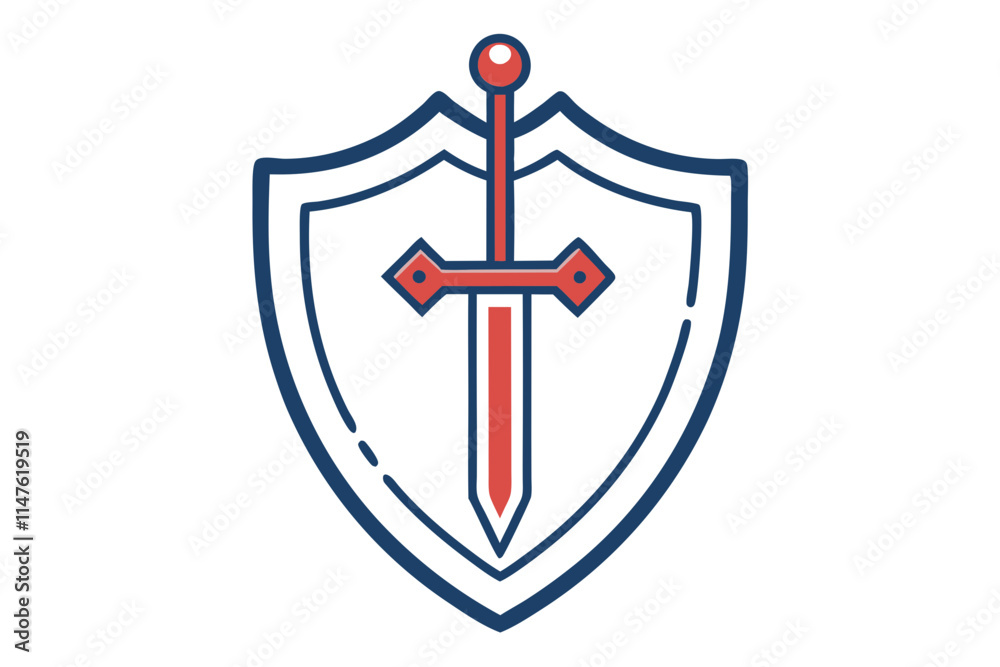 Obraz premium Shield and Sword Icon Line Color Drawing on White Background