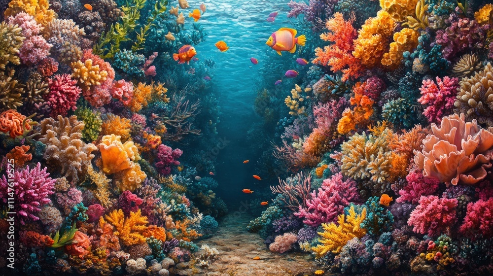 Obraz premium Vibrant coral reef, colorful fish, underwater scene.