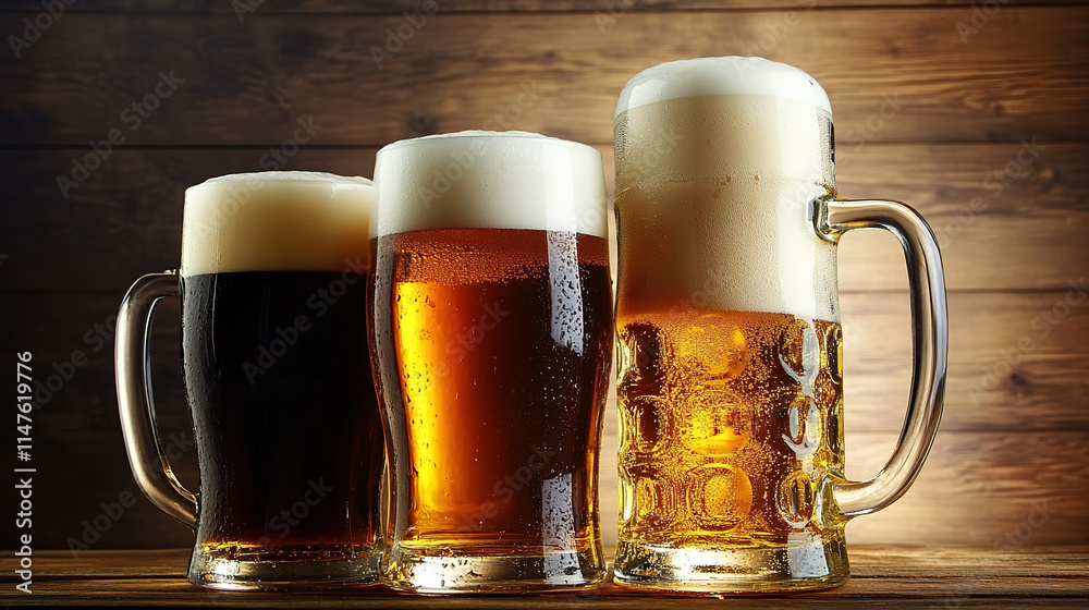 Four glassed of beer on wooden background Four glassed of beer on wooden background